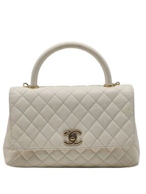 CHANEL Cream Quilted Top Handle Satchel with Gold CC